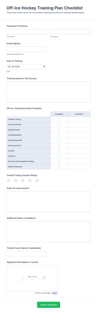 Off Ice Hockey Training Plan Checklist Form Template