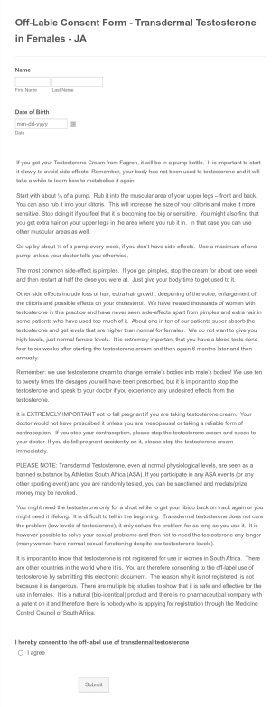 Off Lable Consent Form Transdermal Testosterone In Females JA Form Template