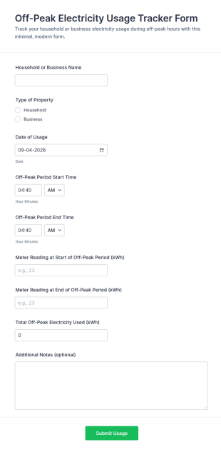 Off Peak Electricity Usage Tracker Form Template