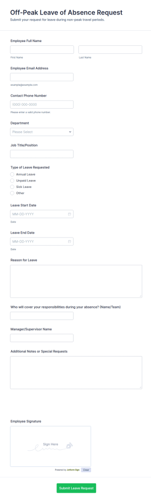 Off Peak Leave Of Absence Request Form Template