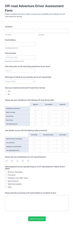 Off Road Adventure Driver Assessment Form Template