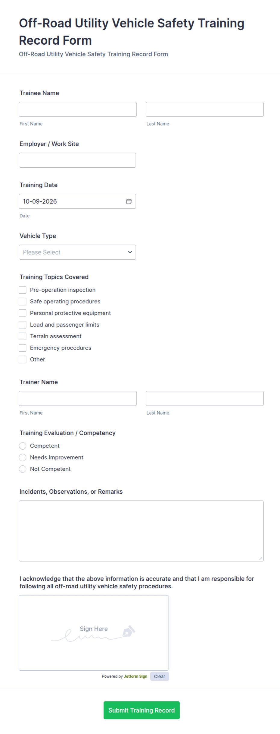 Off-Road Utility Vehicle Safety Training Record Form Template | Jotform