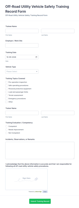 Off Road Utility Vehicle Safety Training Record Form Template