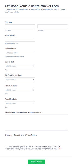 Off Road Vehicle Rental Waiver Form Template