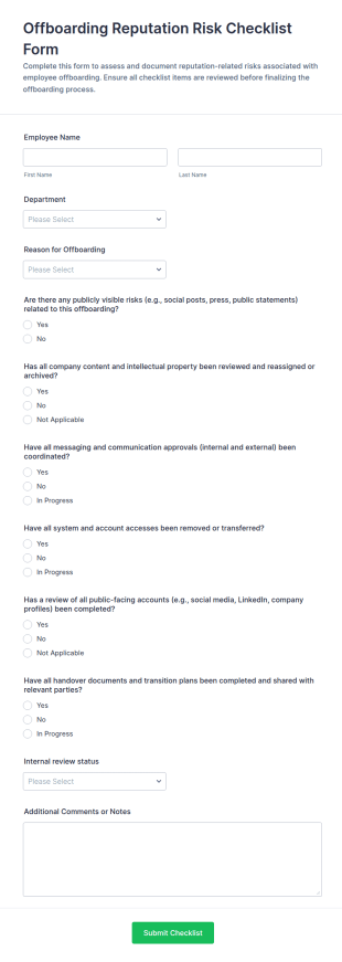 Offboarding Reputation Risk Checklist Form Template