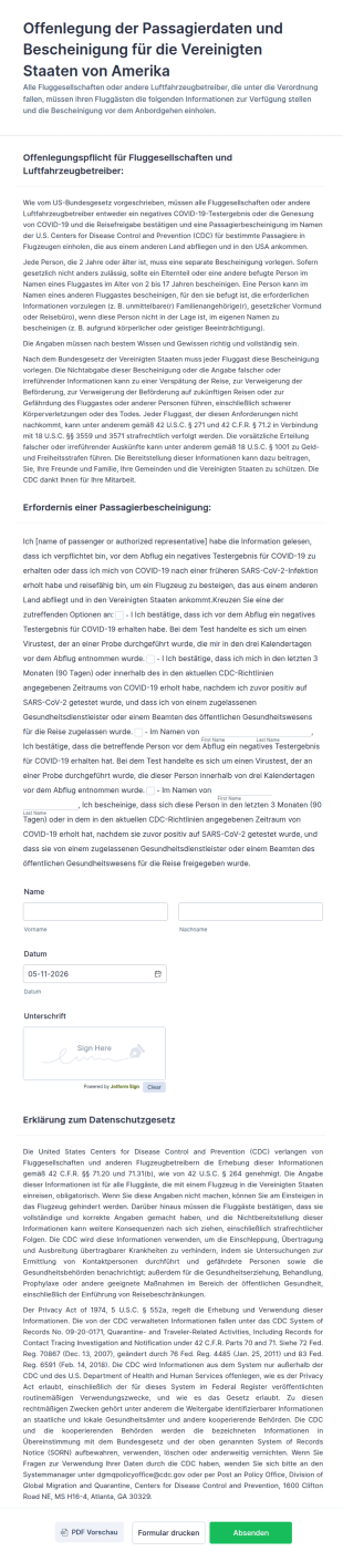 Offenlegung Der Passagierdaten Und Bescheinigung Für Die Vereinigten Staaten Von Amerika