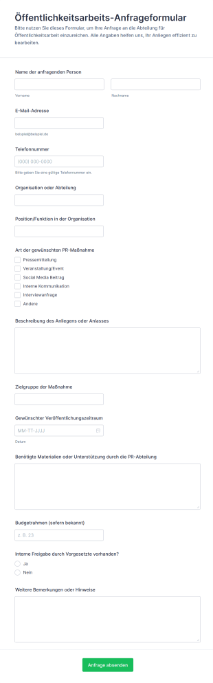 Öffentlichkeitsarbeits Anfrageformular