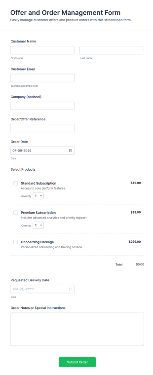Offer And Order Management Form Template