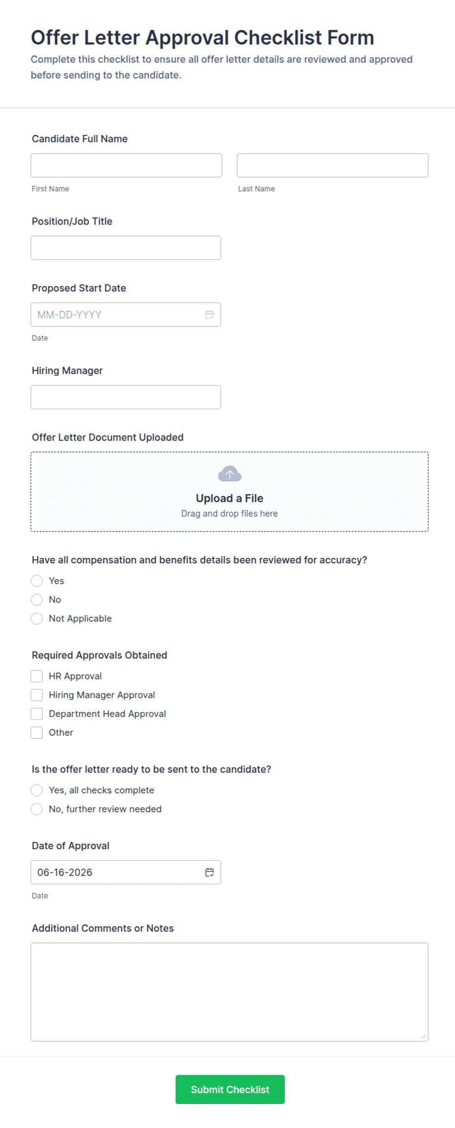 Offer Letter Approval Checklist Form Template | Jotform