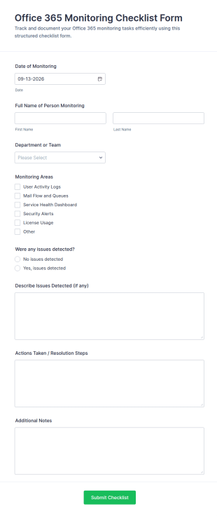 Office 365 Monitoring Checklist Form Template