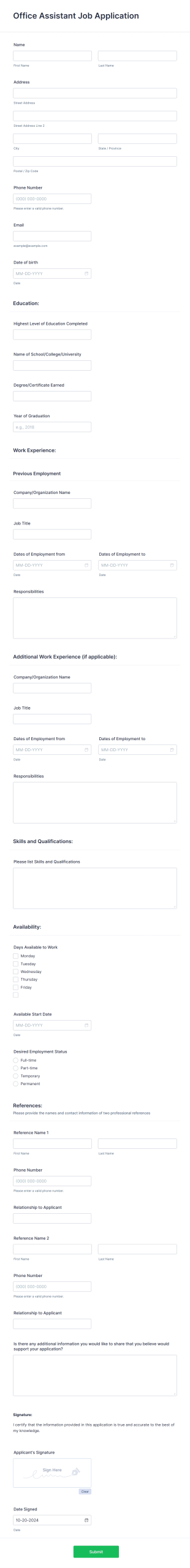 Office Assistant Job Application Form Template