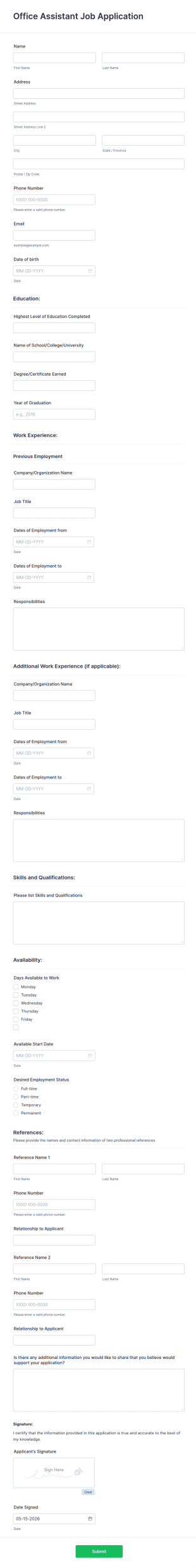 Office Assistant Job Application Form Template