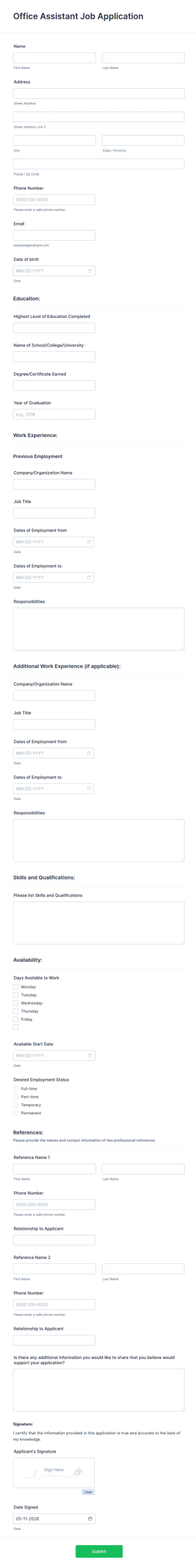 Office Assistant Job Application Form Template