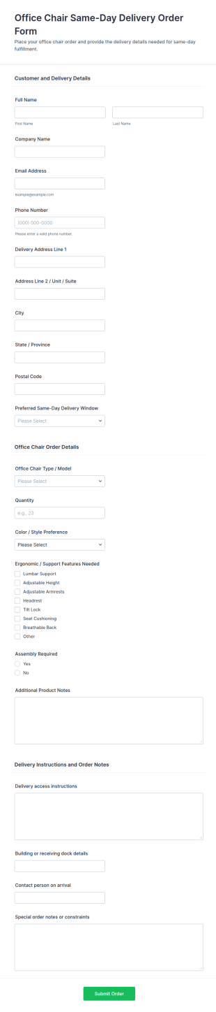 Office Chair Same Day Delivery Order Form Template
