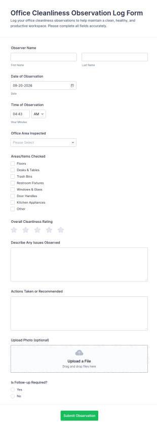 Office Cleanliness Observation Log Form Template
