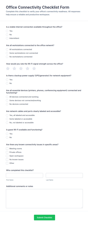 Office Connectivity Checklist Form Template