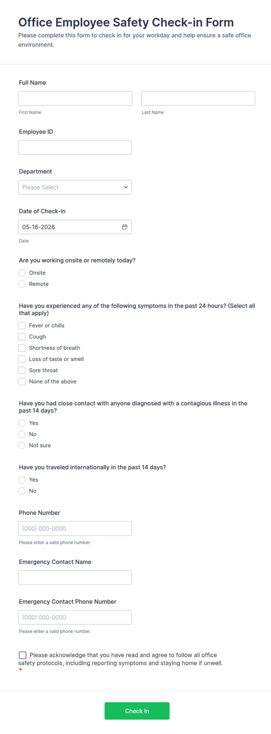 Office Employee Safety Check-in Form Template | Jotform