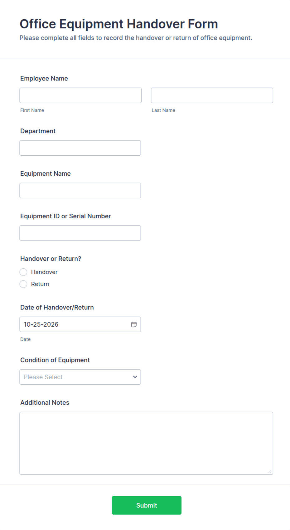 Office Equipment Handover Form Template | Jotform