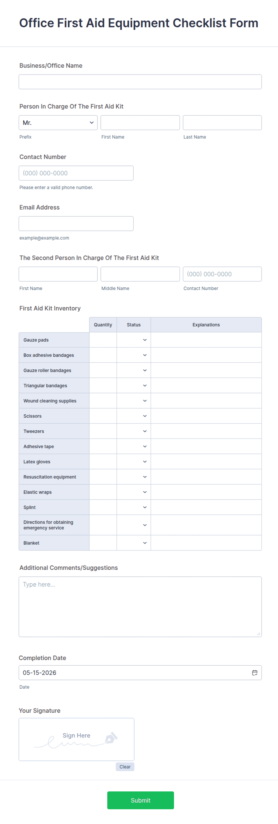 Office First Aid Equipment Checklist Form Template | Jotform