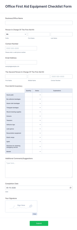 Office First Aid Equipment Checklist Form Template