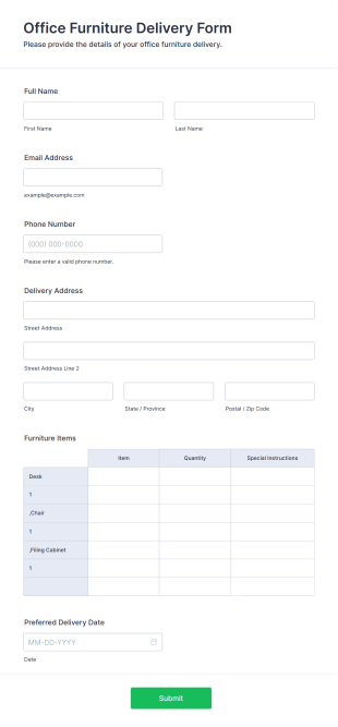 Office Furniture Delivery Form Template