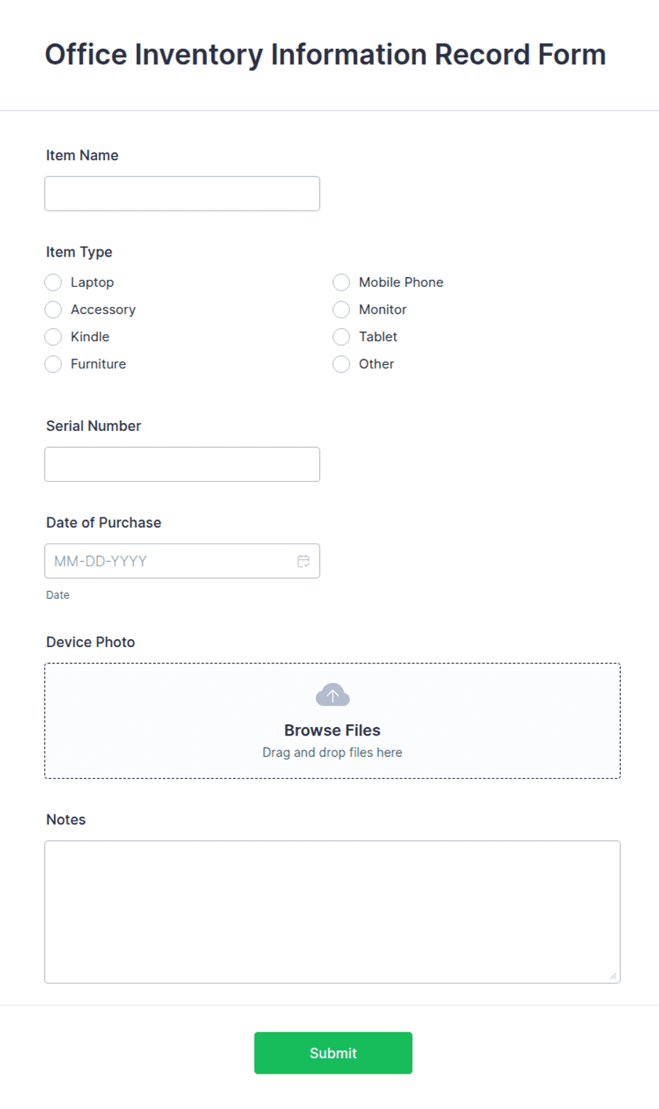 Enventory Example Office Inventory Information Record Form Template | Jotform