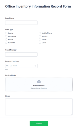 Office Inventory Information Record Form Template