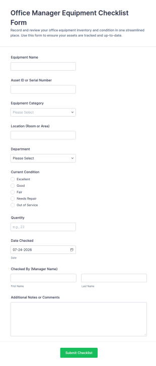Office Manager Equipment Checklist Form Template