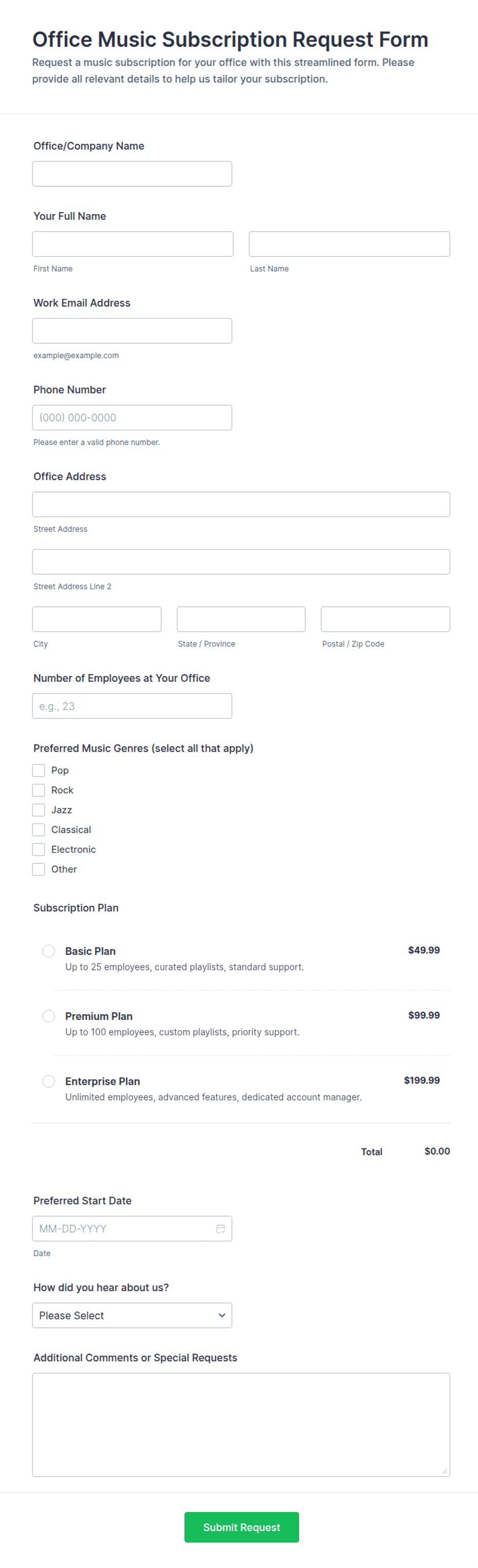 Office Music Subscription Request Form Template | Jotform