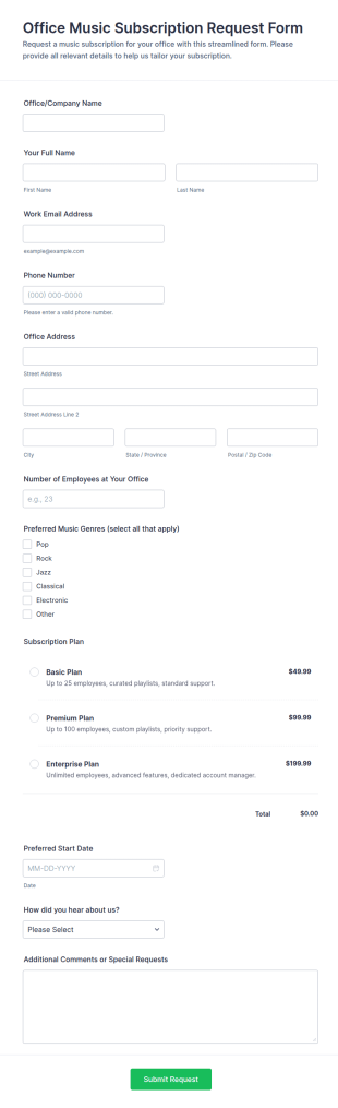 Office Music Subscription Request Form Template