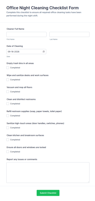 Office Night Cleaning Checklist Form Template