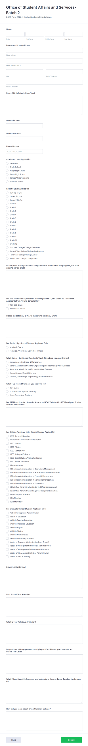 Student Affairs Office Admission Form Template