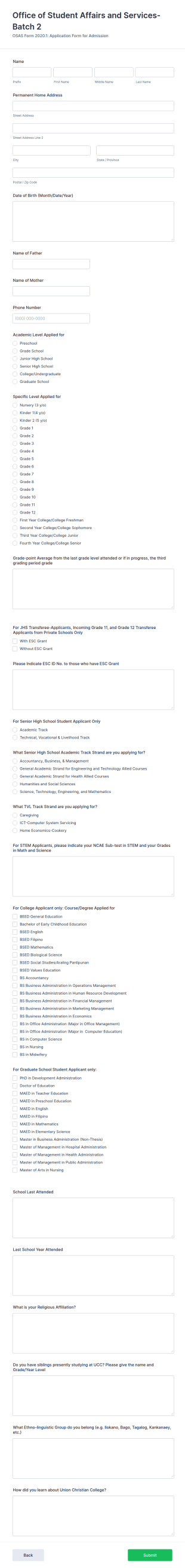 Student Affairs Office Admission Form Template