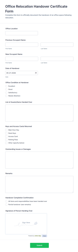 Office Relocation Handover Certificate Form Template