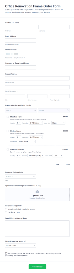 Office Renovation Frame Order Form Template