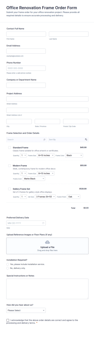 Office Renovation Frame Order Form Template