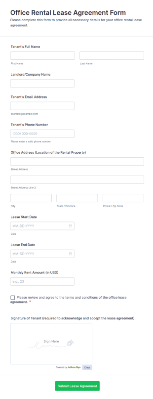 Office Rental Lease Agreement Form Template