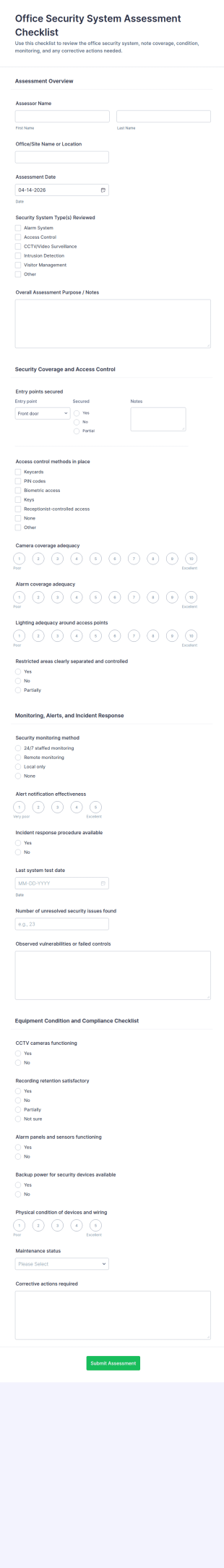 Office Security System Assessment Checklist Form Template