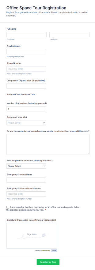 Office Space Tour Registration Form Template