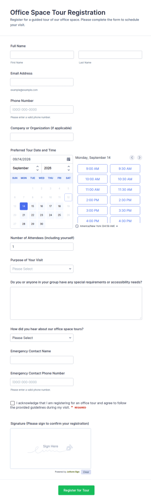 Office Space Tour Registration Form Template