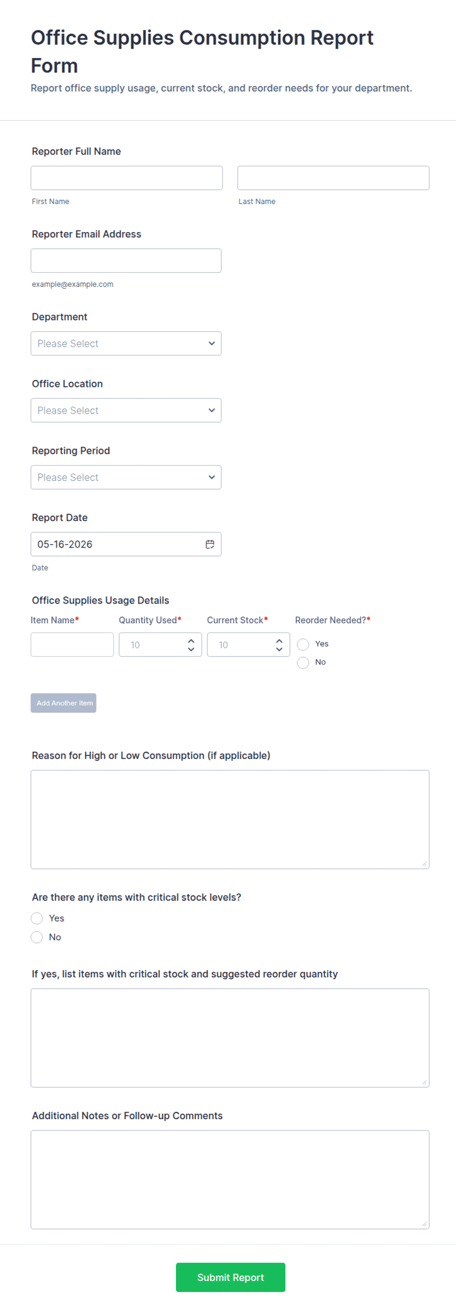 Office Supplies Consumption Report Form Template | Jotform