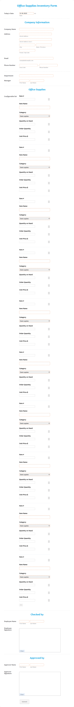 Office Supplies Inventory Form Template