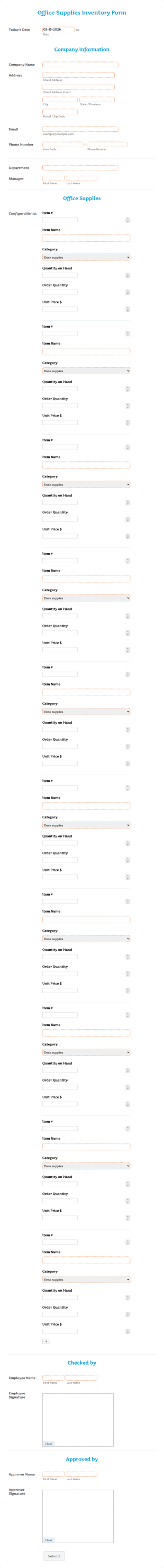 Office Supplies Inventory Form Template