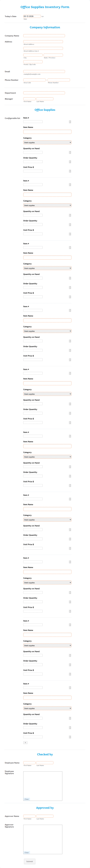 Office Supplies Inventory Form Template