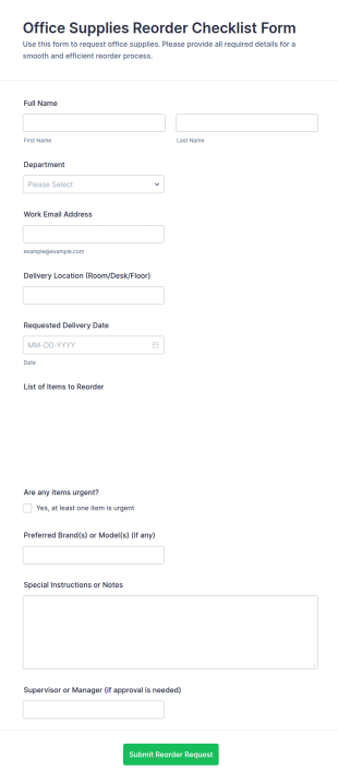 Office Supplies Reorder Checklist Form Template