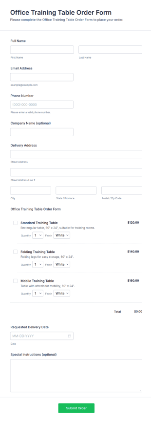 Office Training Table Order Form Template