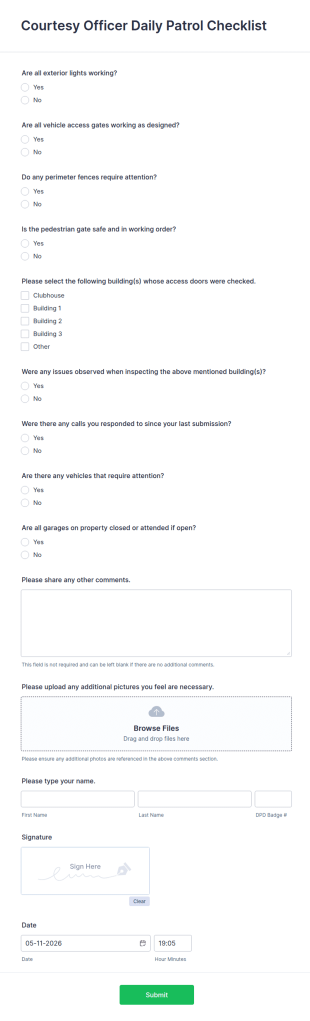 Officer Daily Patrol Checklist Form Template