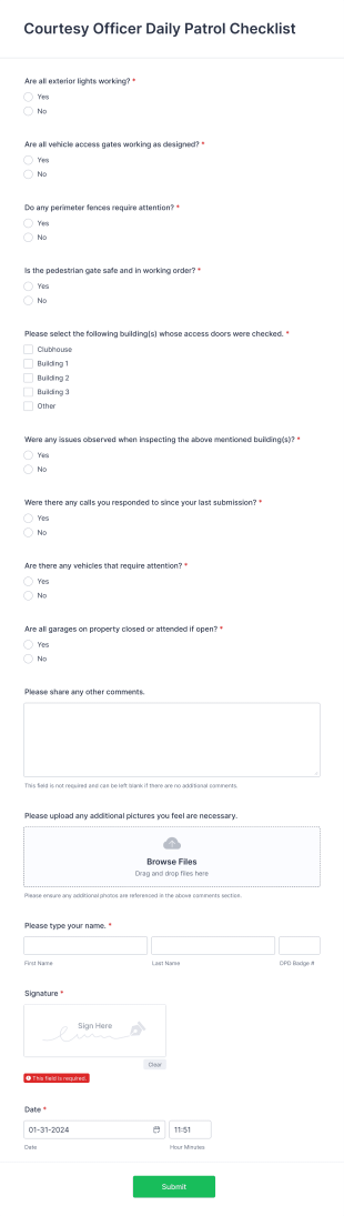 Officer Daily Patrol Checklist Form Template