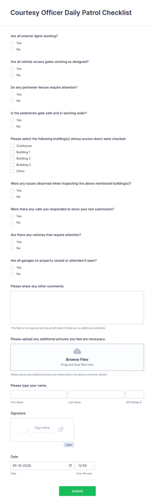 Officer Daily Patrol Checklist Form Template