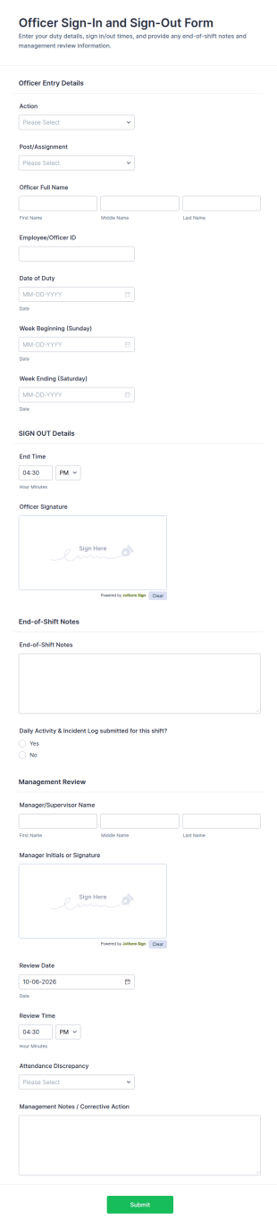 Officer Sign In And Sign Out Form Template